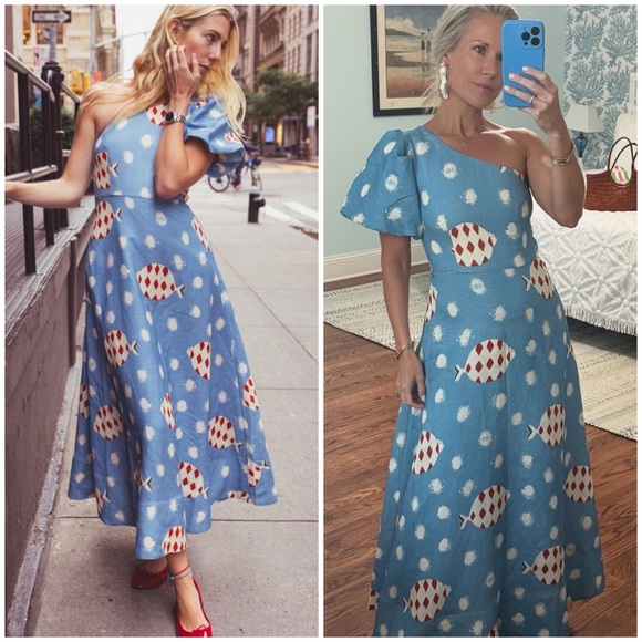 NWT HUNTER BELL CARMEN  One-shoulder Fish Printed Midi Dress SZ US 6 - Picture 10 of 10